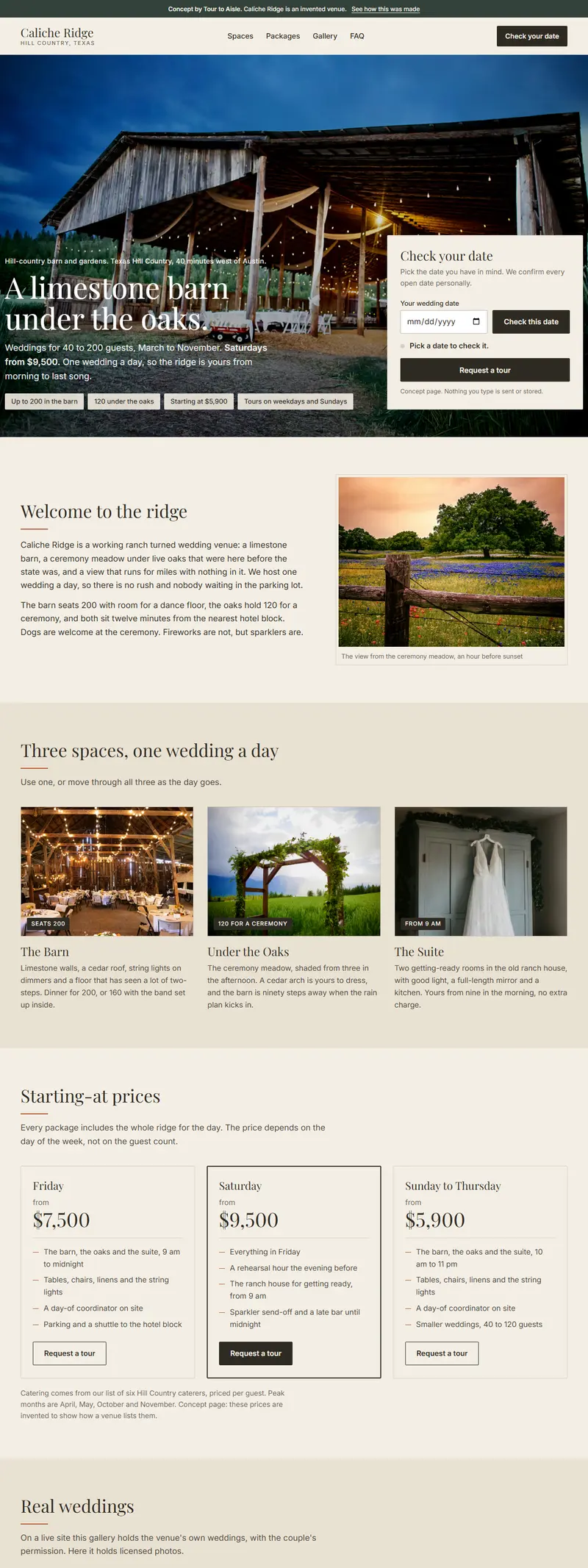 Homepage concept for Caliche Ridge, an invented hill-country barn venue, shown in a desktop frame