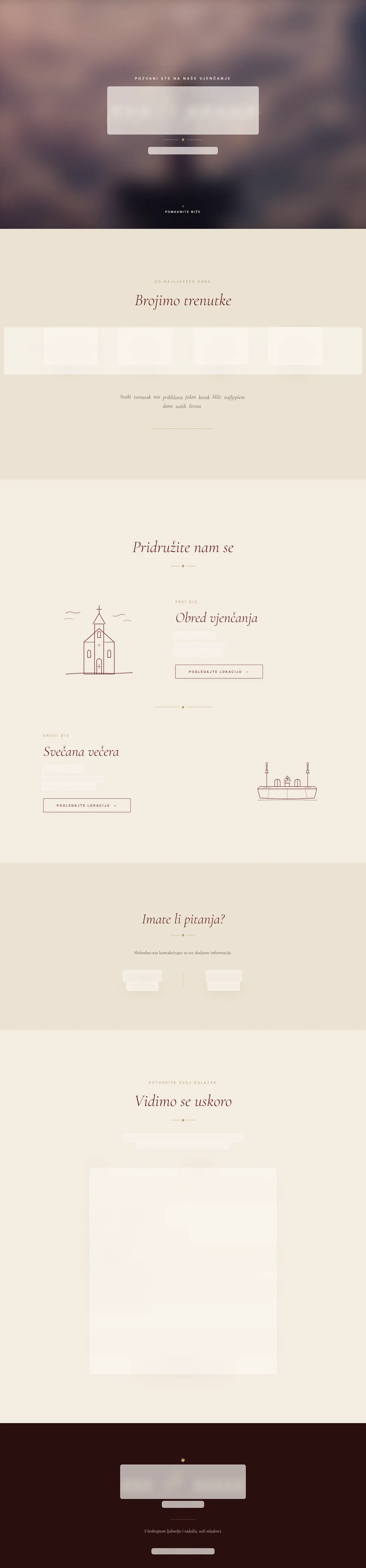 The whole wedding website on a desktop: a hero with the names blurred, a countdown, the illustrated ceremony and dinner sections, contact cards and the RSVP form, all private details frosted